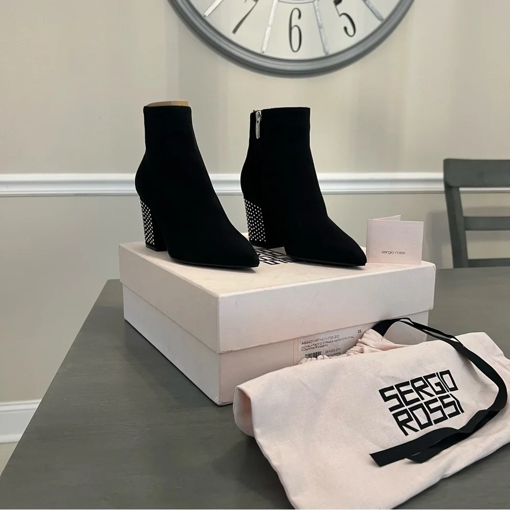 Sergio Rossi Black Suede Ankle Bootie Crystal Embellished 75 Block Heel Zip 5 35